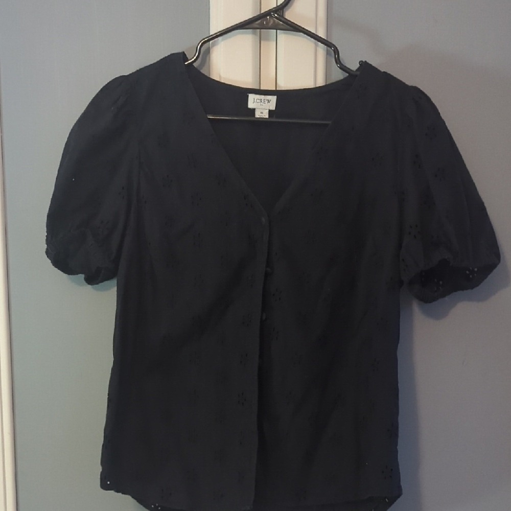 J. Crew Black Puff Sleeve Eyelet Blouse *Pair With White Pants For Stylish Look*